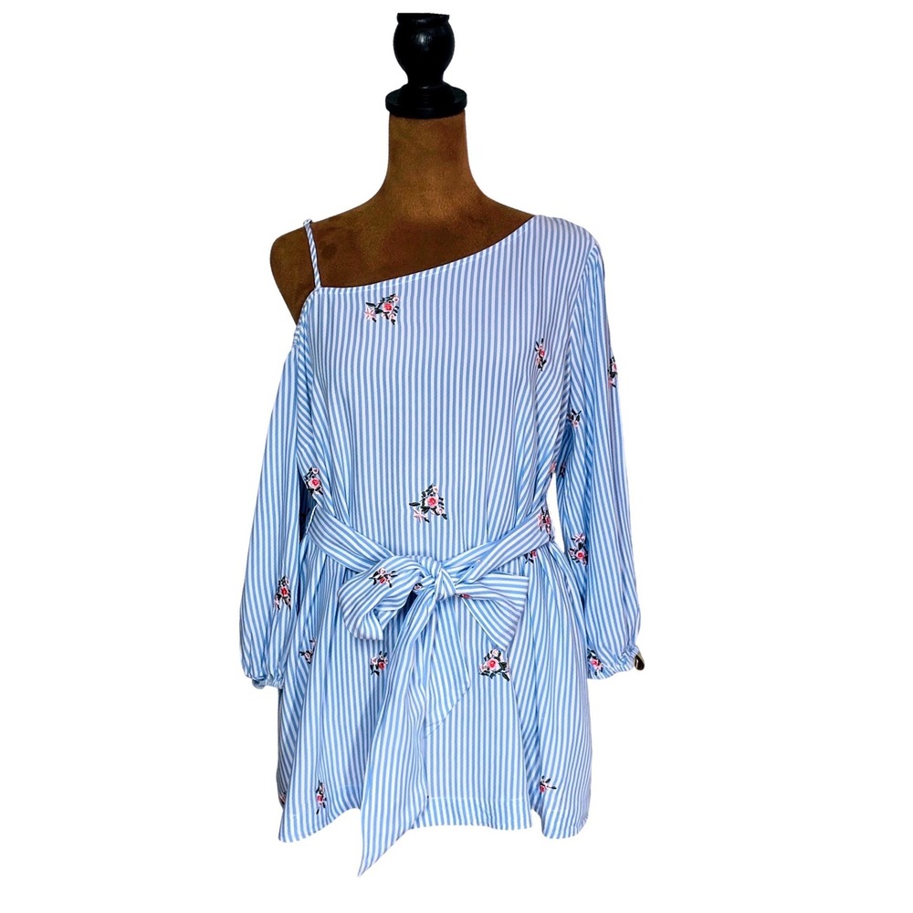 Motherhood Maternity Blue White Striped Floral Embroidered One Shoulder Blouse M